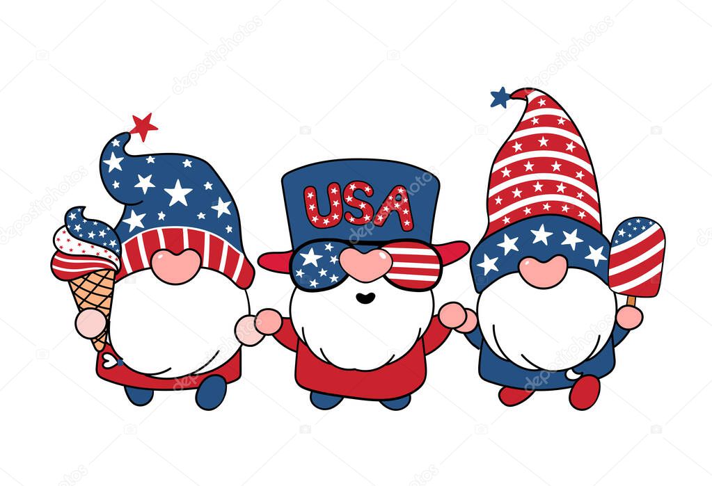 Cute Three America Gnomes 4th July Summer theme cartoon doodle vector illustration 