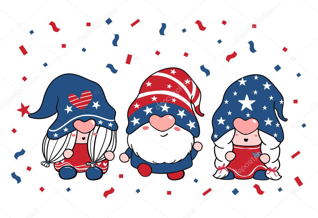 cute Three trio Gnome Independence day, 4th of July, Gnome Patriotic in Red and Blue cartoon illustration doodle clipart.