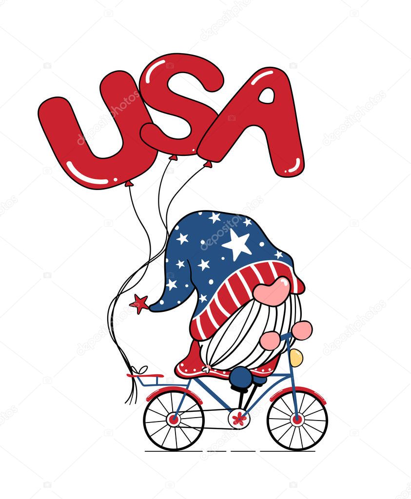 Cute Gnome 4th of July, Independence day, Gnome on bike with USA balloons, Doodle cartoon flat vector illustration for greeting card, t shirt printing