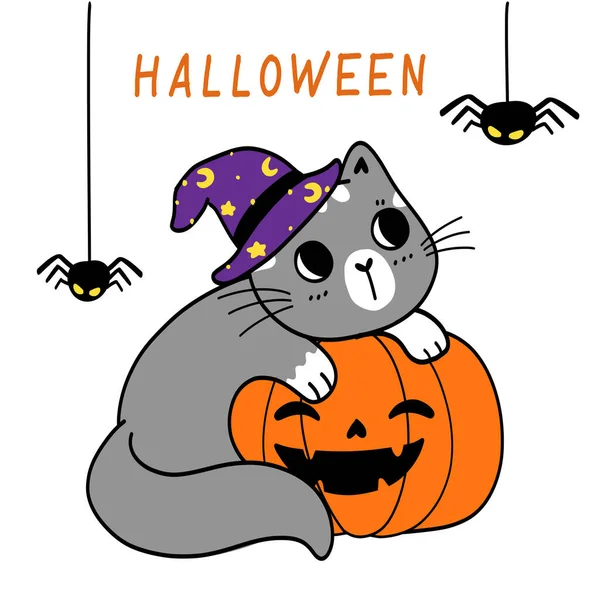 Χαριτωμένο Happy Halloween Γατάκι Κοστούμι Γάτα Τέχνασμα Θεραπεία Αράχνη Doodle — Διανυσματικό Αρχείο