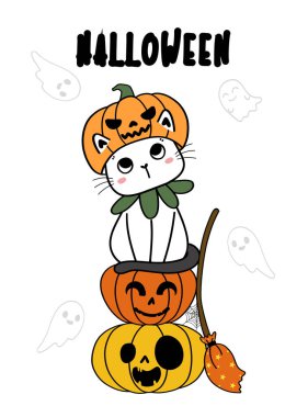 Şirin kedicik, balkabağı kafalı Cadılar Bayramı kostümü. Komik yüzlü, turuncu kabaklı. Mutlu cadılar bayramı çizgi filmi düz vektör çizimleri. 