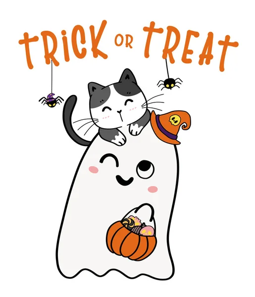 Lindo Gato Adorable Fantasma Truco Tratar Halloween Cesta Dibujos Animados — Vector de stock