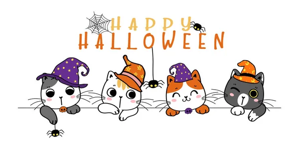 Lindo Feliz Halloween Banner Divertido Gatito Gato Traje Dibujos Animados — Vector de stock