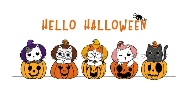 Niedlich Happy Halloween Banner Lustige Kätzchen Katzenkostüm Begehrten Kürbis Cartoon — Stockvektor
