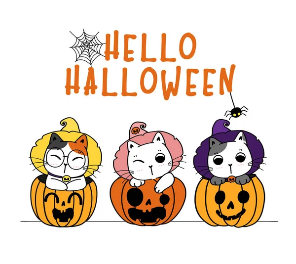 Aranyos Hello Halloween Vicces Cica Macska Jelmez Ban Sóvárgó Tök — Stock Vector