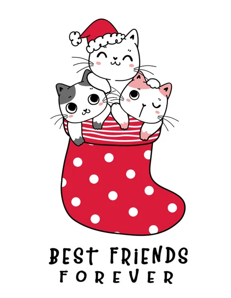 Χαριτωμένο Τρεις Γατούλα Φίλη Γάτα Κόκκινο Χριστούγεννα Πουά Κάλτσα Φιλία — Διανυσματικό Αρχείο