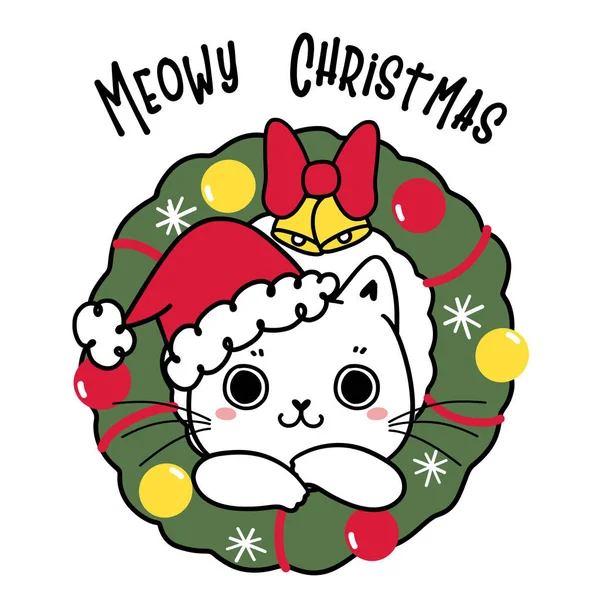 Gatinho Bonito Com Chapéu Papai Noel Vermelho Grinalda Natal Meowy — Vetor de Stock