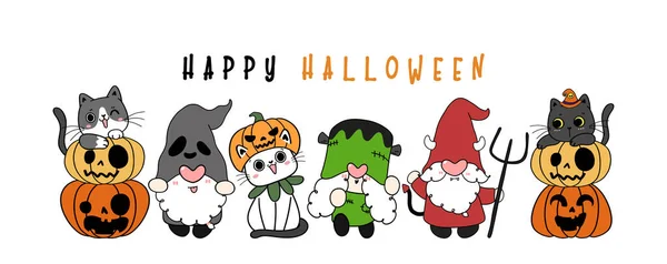 Group Cute Happy Kitten Cats Fancy Halloween Gnome Costume Happy — Stock Vector