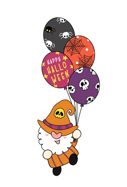 Lindo Gnomo Halloween Traje Bruja Celebrar Fiesta Globos Halloween Feliz — Archivo Imágenes Vectoriales