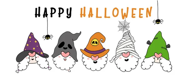 Lindo Feliz Tres Gnomos Cabezas Halloween Sombreros Bruja Disfraz Halloween — Vector de stock