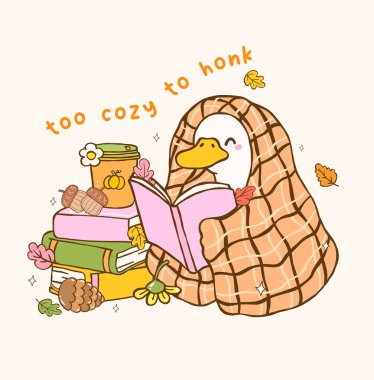 Cute Autumn Bookish Silly Goose Reading Book under Cozy Blanket Cartoon Hand Drawn Illustration