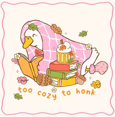 Cute Autumn Bookish Silly Goose Reading Book under Cozy Pink Blanket Cartoon Hand Drawn Illustration