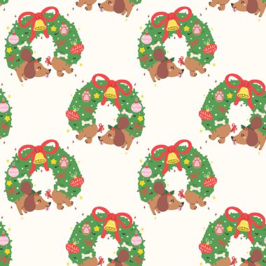 Şirin Noel Şablonu Kusursuz Dachshund Köpek Noel çelengi Sosis Şenliği Tekrarlayan Duvar Kağıdı El Arkaplanı 
