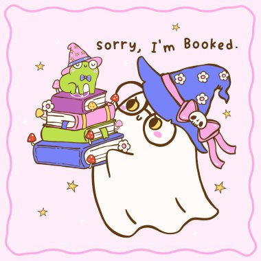 Cute Halloween Spooky Witch Ghost Carrying Stacked of Books Cartoon Hand Drawn Greeting Card Printable