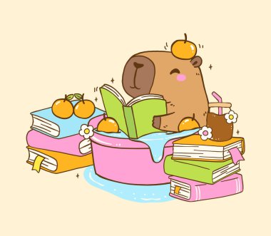 Sevimli Capybara Kitap Okuma TBR Vibe ile Küvet kitap, Hayvan Kitapları Çizim El Çizim Çizimi