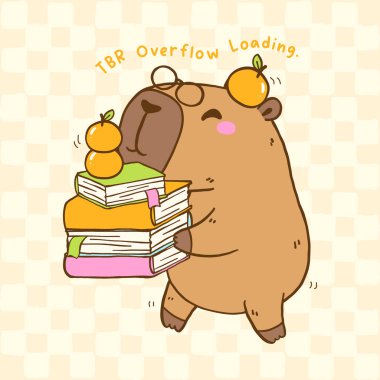 Şirin Capybara Kitapçığı TBR Yığın Kitapları, Hayvan Okuyan El Çizimi Çizimleri