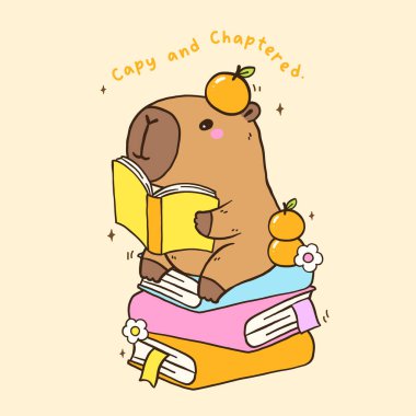 Şirin Capybara Kitap Okuma TBR Vibe Yığın kitaplar üzerine otur, Hayvan Kitapları Çizim El Çizim Çizimi