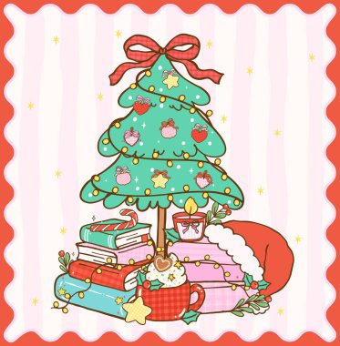 Şirin Coquette Gingham Noel Samimi Kitap Okuma Yılbaşı Ağacı altında kitap yığma şenliği çizgi filmi çizimi