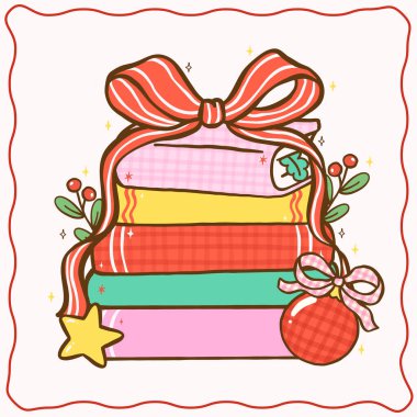 Sevimli Coquette Gingham Noel Kitap Okuma Kurdeleli Kitap Yığını ve Süsleme Festivali Karikatür El çizimi