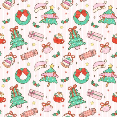 Coquette Gingham Noel Kusursuz Desensiz Kız Tekrar Duvar Kağıdı El Çizimi Arka planda izole