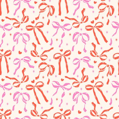 Retro Coquette Kurdelesi Kusursuz Şablon Pembe ve Kırmızı Noel ve Sevgililer Günü Duvarsız Kağıt Yazdırma Arkaplanı