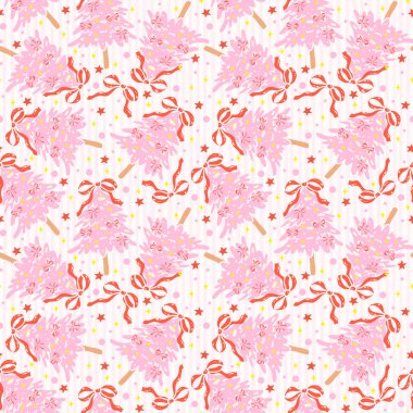 Coquette Pembe Noel Ağacı Kusursuz Desen Tekrar Duvar Kağıdı Çizgili arka planda izole