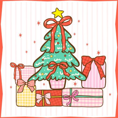 Sevimli Gingham Coquette Noel Ağacı Yığın Hediye Kutuları Çizgi Film El Çizimi, Kawaii Kız Festivali Kutlama Kartı Baskı Masası