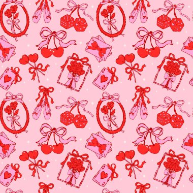 Coquette Kusursuz Şekilsiz Sevgililer Günü Sembol Elementleri el çizimi arkaplanda izole edilmiş tuhaf ve havalı bir stil