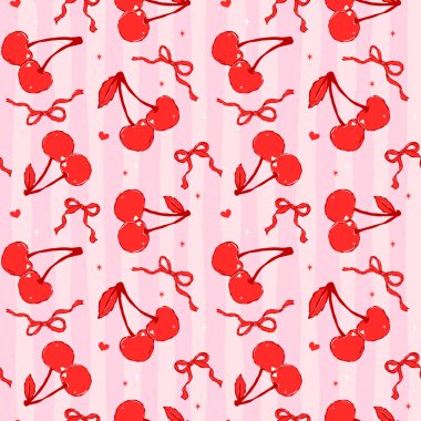 Coquette Valentine kusursuz desen, çift kırmızı kirazlı el çizgili retro arka plan üzerine komik bir çizgi şeklinde çizilmiş.