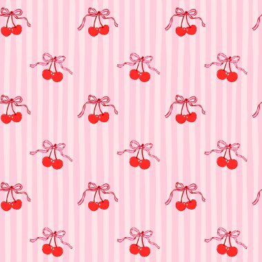 Valentine Coquette Kirazları Çizgili arka planda tuhaf bir çizgi şeklinde çizilmiş pürüzsüz yay desenli el