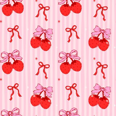 Valentine Coquette Çilek Çilekleri Çizgili arka planda tuhaf bir çizgi tarzıyla çizilmiş pürüzsüz yay desenli el