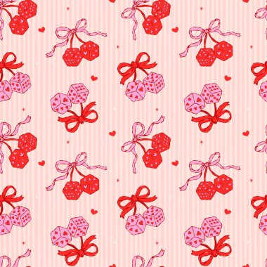 Valentine Coquette 'in kusursuz desenli Cherry Dice Ribbon Pruva eli dalgalı çizgili arka plan üzerine tuhaf bir çizgi şeklinde çizilmiş.
