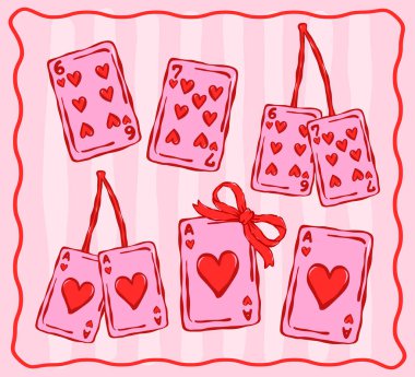 Tuhaf sevgililer günü kartı oynayarak kalp sembolleri 6, 7 ve Kupa Ası Coquette 'in cesur, oyuncu retro çizgileri çizerek çizdiği el.