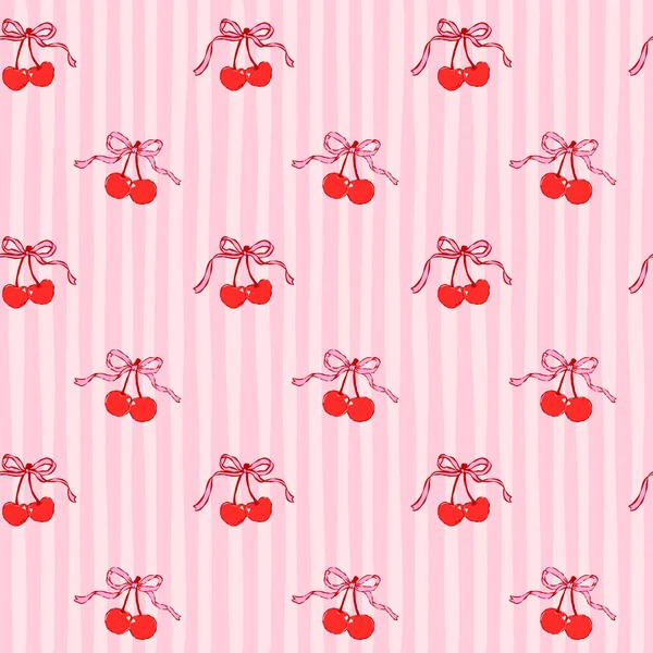 Valentine Coquette Kirazları Çizgili arka planda tuhaf bir çizgi şeklinde çizilmiş pürüzsüz yay desenli el