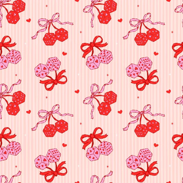 Valentine Coquette 'in kusursuz desenli Cherry Dice Ribbon Pruva eli dalgalı çizgili arka plan üzerine tuhaf bir çizgi şeklinde çizilmiş.