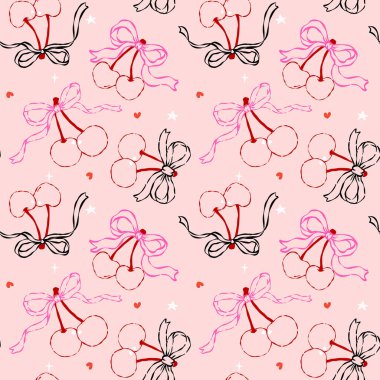 Coquette Kusursuz Şekilsiz Sevgililer Günü kirazları. Arka planda izole edilmiş, tuhaf ve modaya uygun bir şekilde çizilmiş el.