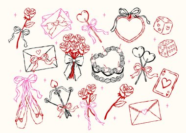 Whimsical Coquette Valentine romantic symbol and  icon elements outline wavy hand drawn with vintage retro vibe set