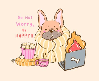 Ev yapımı çizgi filmden kalma şirin bir buldog tembelliği. Battaniye dekoltesiyle kaplanmış komik bir çizim.