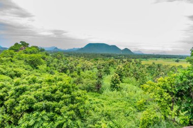 Yeşil bir yamaçtaki ağaçlar, dağların tepesinde çalılarla kaplı. Gün batımında birkaç bulut ve sıcak bir yaz akşamı..