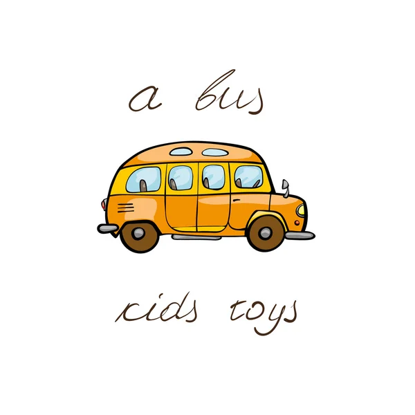 Смешной транспорт детей: школьный автобус. Симпатичный рукописный изолированный элемент на белом фоне с двумя надписями вокруг. Простая открытка . — стоковый вектор