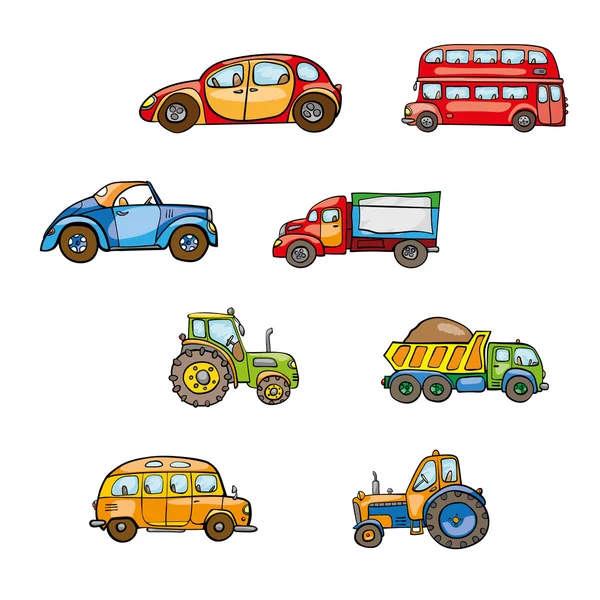 Legrační, roztomilá ruka. Dětský zářivý kreslený traktor, autobus, náklaďák, auto, kola, trasa, legrační pohon, zvukový signál zvukového signálu na bílém pozadí. Množina izolovaných prvků — Stockový vektor