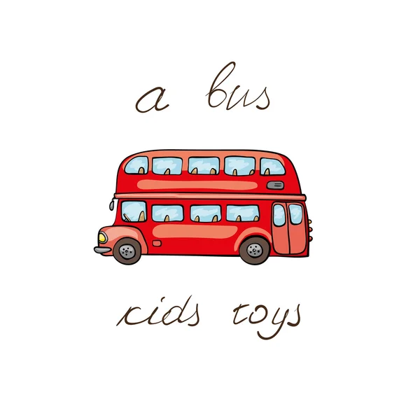 Забавный транспорт для детей: Лондонский автобус. Симпатичный рукописный изолированный элемент на белом фоне с двумя надписями вокруг. Простая открытка . — стоковый вектор
