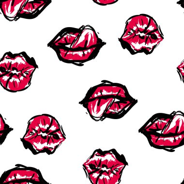 Vector fashion sketch. Hand drawn graphic kiss, red lip, lip, eye. Contrasty glamour fashion seamless pattern. Isolated elements on white background