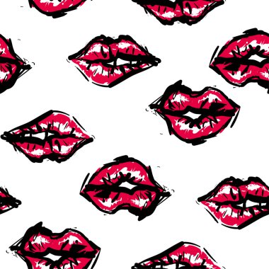 Vector fashion sketch. Hand drawn graphic kiss, red lip, lip, eye. Contrasty glamour fashion seamless pattern. Isolated elements on white background