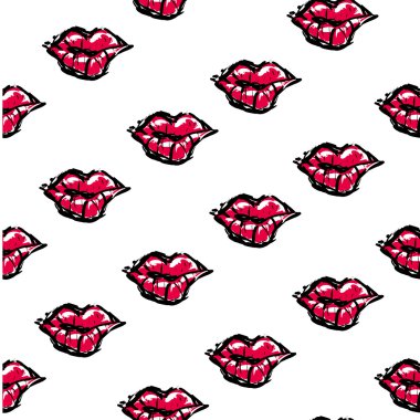 Vector fashion sketch. Hand drawn graphic kiss, red lip, lip, eye. Contrasty glamour fashion seamless pattern. Isolated elements on white background