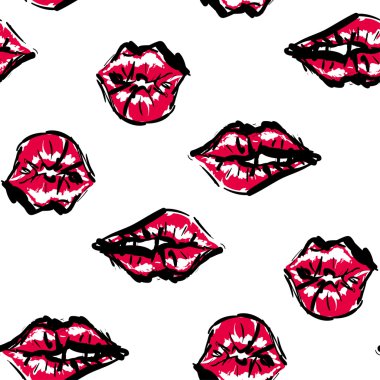 Vector fashion sketch. Hand drawn graphic kiss, red lip, lip, eye. Contrasty glamour fashion seamless pattern. Isolated elements on white background