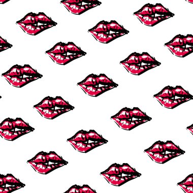 Vector fashion sketch. Hand drawn graphic kiss, red lip, lip, eye. Contrasty glamour fashion seamless pattern. Isolated elements on white background