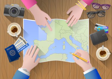 Avrupa gezisi. Genç çift maceracı. Turizm Acenteleri Tur Danışma seçer. Üstten Görünüm