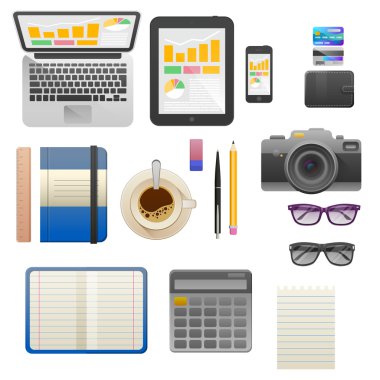 Düz modern tasarım vektör illüstrasyon kavramı yaratıcı office çalışma alanı, çalışma alanı. Şık renklerde simgesi topluluğu iş iş akışı öğeleri ve öğeleri, office şeyler, Ekipmanları, nesneleri.