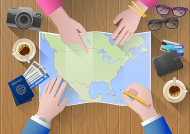 Kuzey Amerika gezisi. Genç çift maceracı. Turizm Acenteleri Tur Danışma seçer. Üstten Görünüm